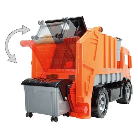 Śmieciarka LENA Giga Trucks z podniesionym tylnym koszem, pokazująca detale mechanizmu opróżniania.