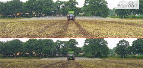 Porównanie rozrzutników Bergmann: rozrzutnik z adapterem V-Spread (góra) i ze standardowym adapterem (dół)