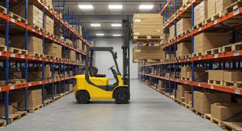 Thematic photo of an electric forklift working in a modern warehouse, handling pallets on high shelves