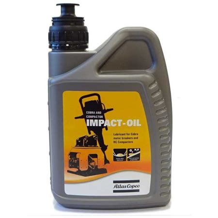 Butelka oleju Atlas Copco Impact-Oil z etykietą, obok schematu mechanizmu udarowego zagęszczarki Atlas Copco