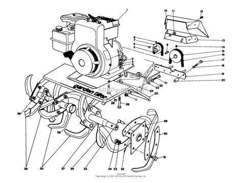 Technical diagram of a tiller's working parts, showing blades and engine
