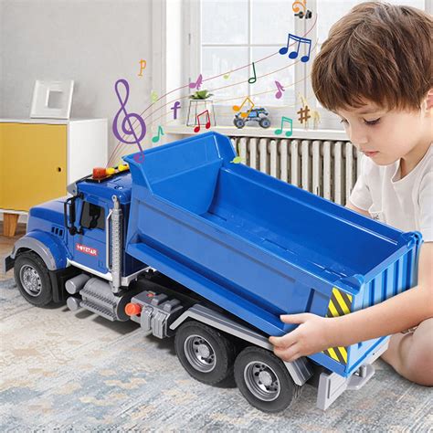 Thematic photo of a child playing with a large toy dump truck outdoors