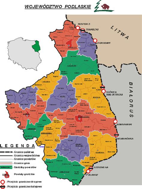 Mapa województwa podlaskiego z zaznaczonymi lokalizacjami sprzedaży maszyn rolniczych