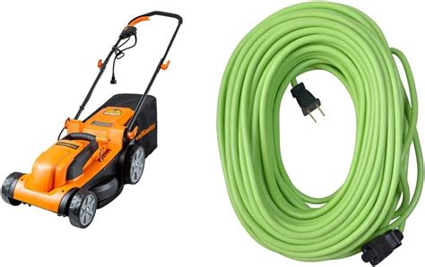 Thematic photo of a person operating an electric lawnmower with a clearly visible power cord