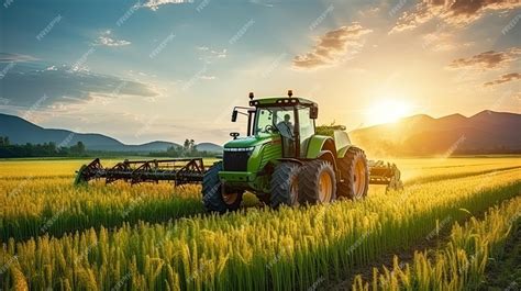 Thematic photo of a modern agricultural tractor working in a field at sunset