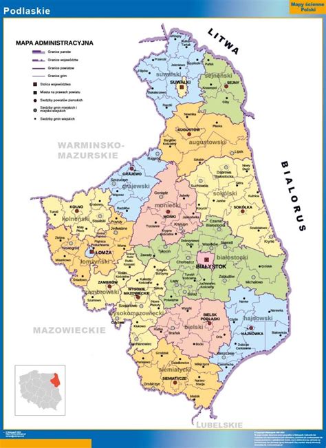 Mapa województwa podlaskiego z zaznaczonymi głównymi miejscowościami, gdzie pojawiają się ogłoszenia o sprzedaży maszyn rolniczych.