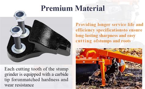 Infographic showing the stump grinder's cutting system with tungsten carbide teeth