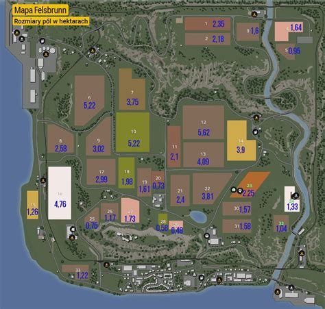 Mapa gry Farming Simulator 17 z zaznaczonymi nowymi terenami, takimi jak Sosnovka.