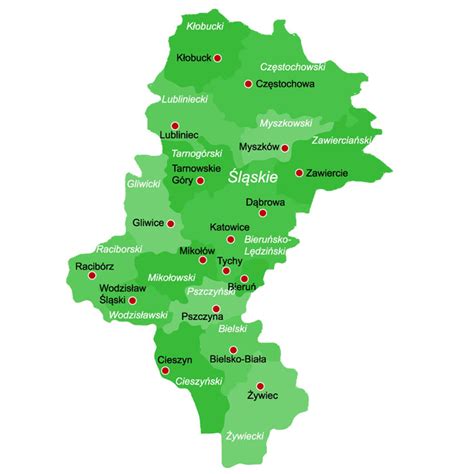 mapa województwa śląskiego z zaznaczonymi miastami