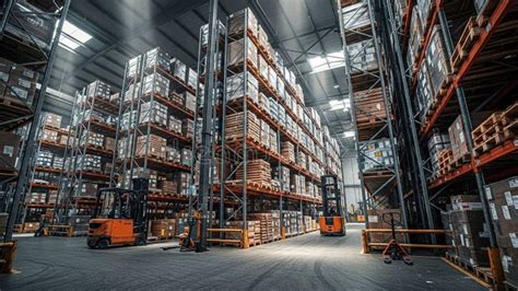 Thematic photo of a large industrial warehouse with stacked goods and forklifts