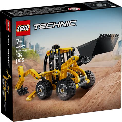 The LEGO Technic Backhoe Loader (42197) in action, showcasing its movable parts and supports.