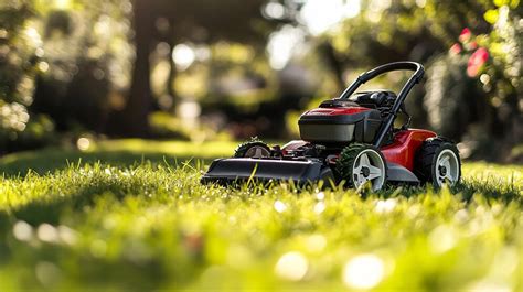 Thematic photo of a modern lawn mower in a garden environment