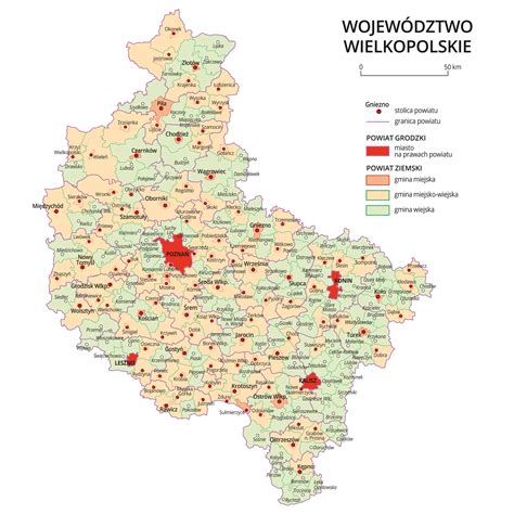 mapa Wielkopolski z zaznaczonymi miastami takimi jak Poznań, Pleszew, Kalisz, Krotoszyn, Września