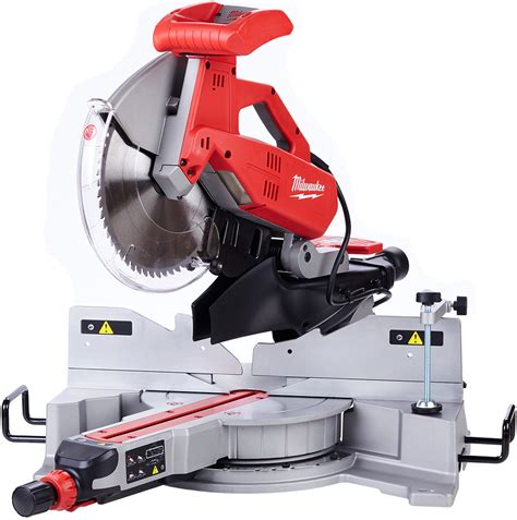 The Milwaukee MS 304 DB miter saw on a workbench, highlighting its dual lighting system and dust extraction.