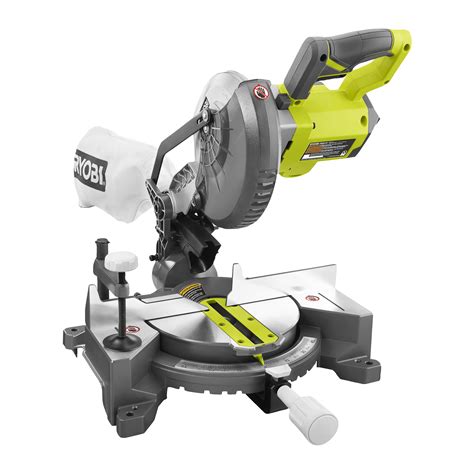 A close-up of the Ryobi EMS190DCL miter saw, highlighting its compact design and laser guide for precise cuts.