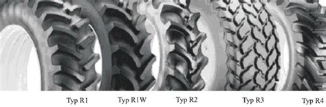 Zdjęcie przedstawiające różne typy bieżników opon rolniczych (R-1, R-1W, Turf)