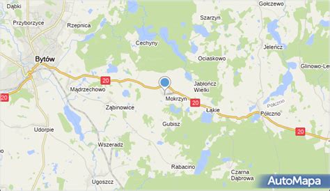 Mapa trasy Kościerzyna-Bytów z zaznaczeniem miejscowości Mokrzyn na DK20