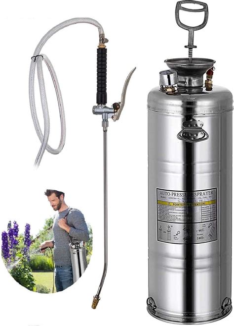 Thematic photo of a person using a stainless steel sprayer in a garden