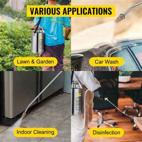 Infographic showing various uses of a stainless steel sprayer (gardening, disinfection, car wash)