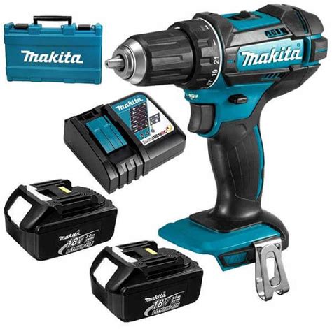 The Makita DHP484RFE cordless impact drill driver with two 18V 3.0Ah batteries and charger in a carrying case