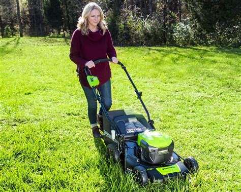 Thematic photo of a Greenworks lawn mower in use