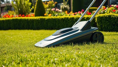 Ilustracja przedstawiająca różne modele kosiarek elektrycznych stojące w zadbanym ogrodzie.