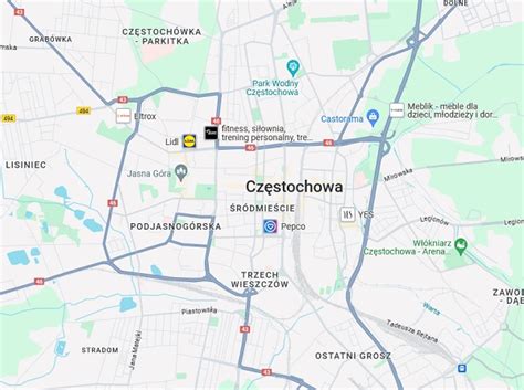 Mapa Częstochowy z zaznaczonymi dzielnicami, gdzie najczęściej pojawiają się ogłoszenia o sprzedaży kosiarek elektrycznych.