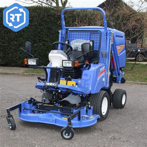 Thematic photo of a large Iseki ride-on mower with a top-discharge grass collector working in a park