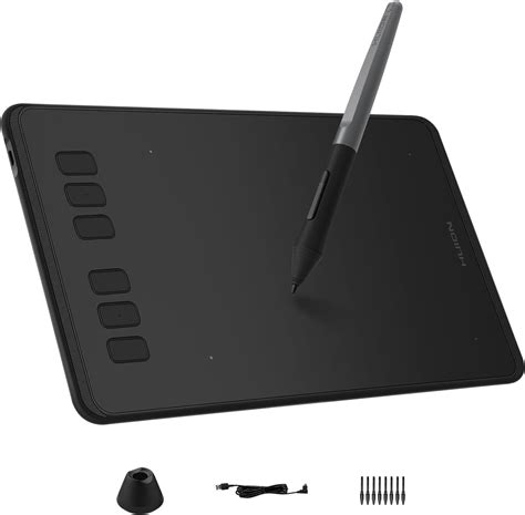 Zdjęcie tabletu graficznego Huion Inspiroy H640P z podłączonym piórkiem.