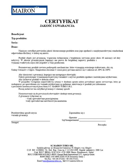 certyfikat gwarancji honda przykład