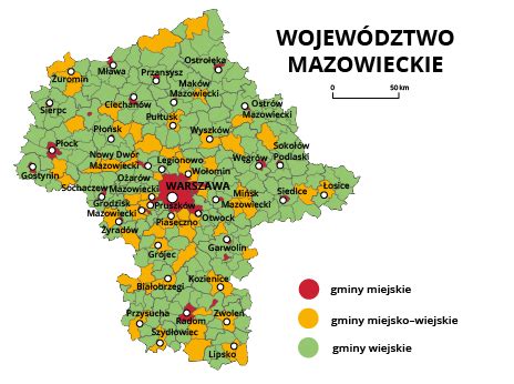 Mapa województwa mazowieckiego z zaznaczonymi miejscowościami, w których dostępne są opryskiwacze Kverneland