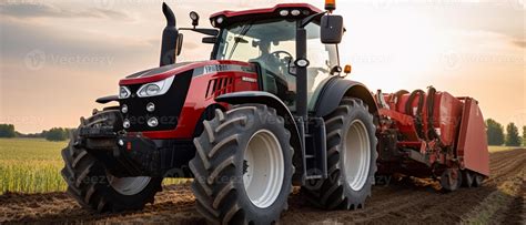 Thematic photo of a farm with modern agricultural machinery and a tractor