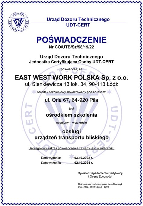 Certyfikat UDT potwierdzający kwalifikacje operatora wózka widłowego