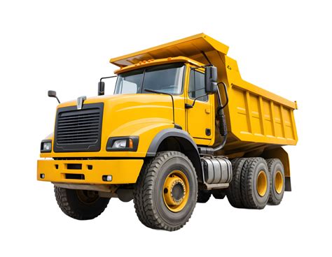 Thematic photo of a yellow dump truck with a raised semi-trailer in a construction environment