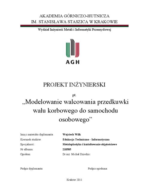przykładowy wzór strony tytułowej pracy inżynierskiej SGGW