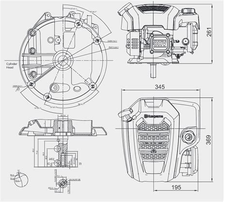 Schemat silnika kosiarki z zaznaczonymi miejscami występowania uszczelek