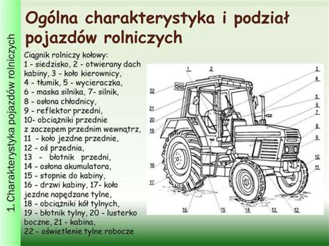 Schemat budowy traktora z opisem poszczególnych elementów technicznych