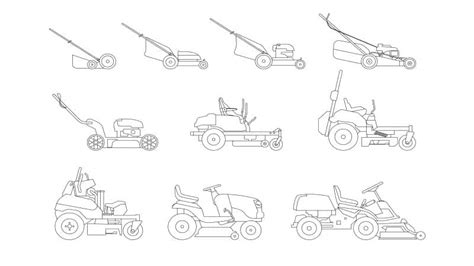 Infographic comparing different types of lawn mowers (with and without drive, with mulching, with side/rear discharge)