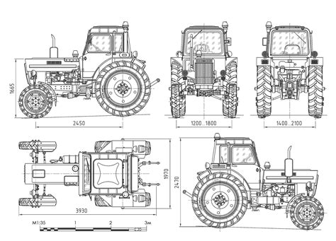 Technical diagram of tractor dimensions