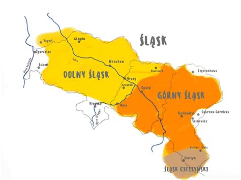 Mapa regionu Śląska z zaznaczonymi miejscowściami