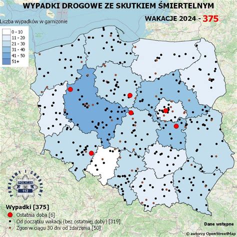 Mapa wypadków drogowych z zaznaczonymi punktami w Wielkopolsce