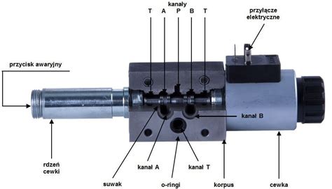 Przekrój rozdzielacza hydraulicznego z oznaczonymi O-ringami