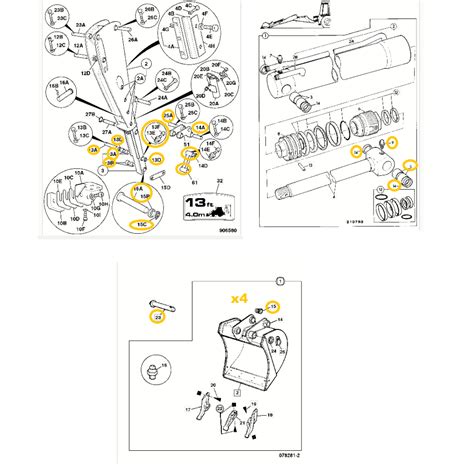 Schemat przedstawiający punkty smarowania sworzni łyżki wielofunkcyjnej JCB 6w1.