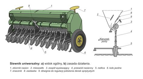 Schemat działania siewnika punktowego: zbiornik, wentylator, tarcza wysiewająca, redlica, rolka dociskowa