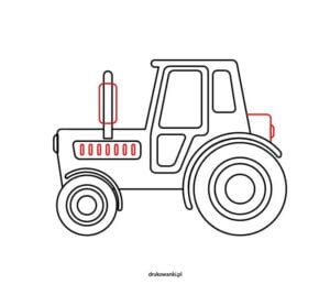 Ilustracja przedstawiająca szczegółowy rysunek traktora z widocznymi elementami kabiny i opon.