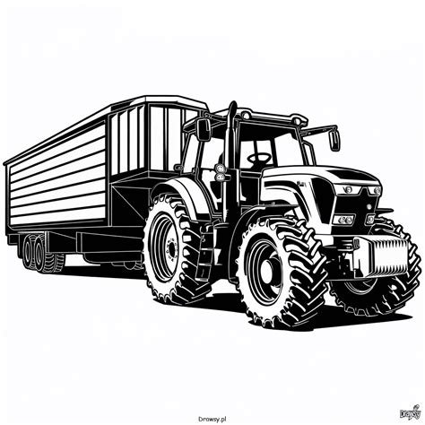 Grafika traktora połączonego z przyczepą, gotowego do pracy polowej.