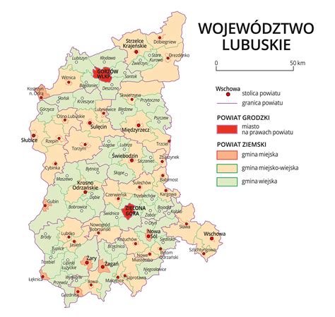 mapa województwa lubuskiego z zaznaczonymi głównymi miastami