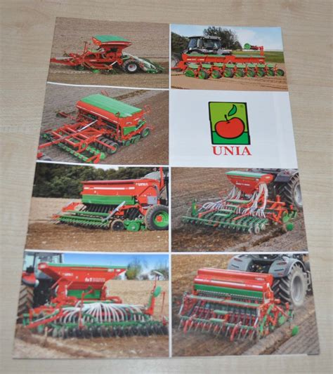 The Unia logo next to various farm machinery, including cultivators and seeders