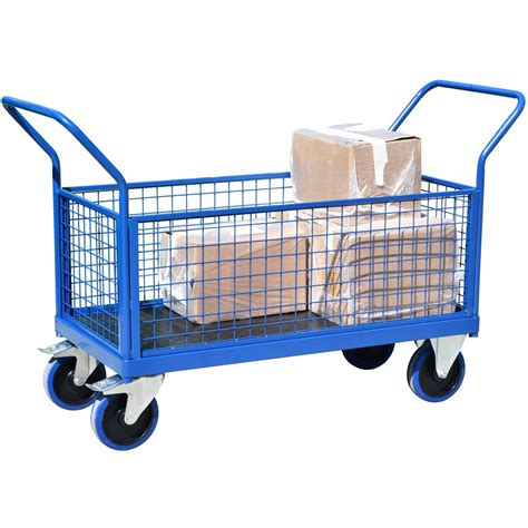 Photo of different types of platform trucks (mesh, shelf, specialized)