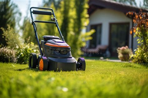 Thematic photo of an electric lawnmower in a well-kept garden